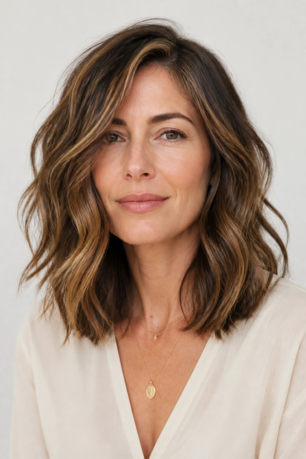 A 45-year-old woman wears a wavy midi with air-dry layers and subtle face-framing babylights.