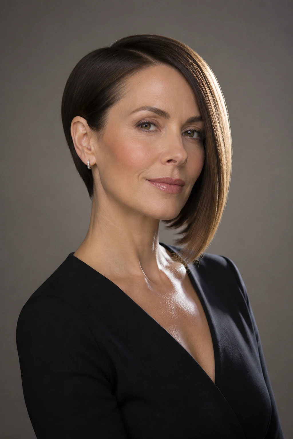 A refined mid-40s woman wears an asymmetrical bob with balanced weight and brighter color on the long side.