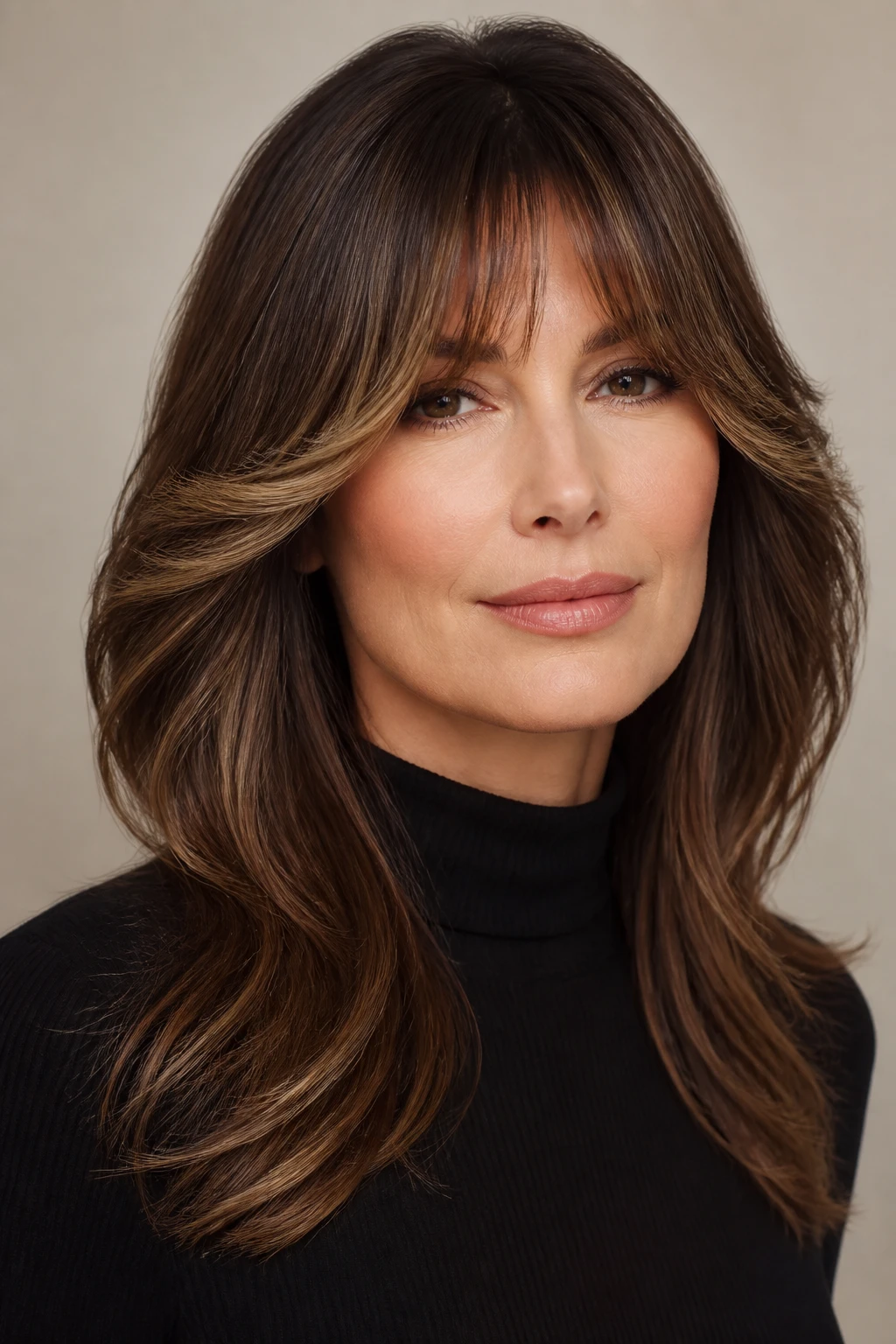 Bottleneck bangs blending into long lengths with soft S-waves on a chic woman in her mid-40s.