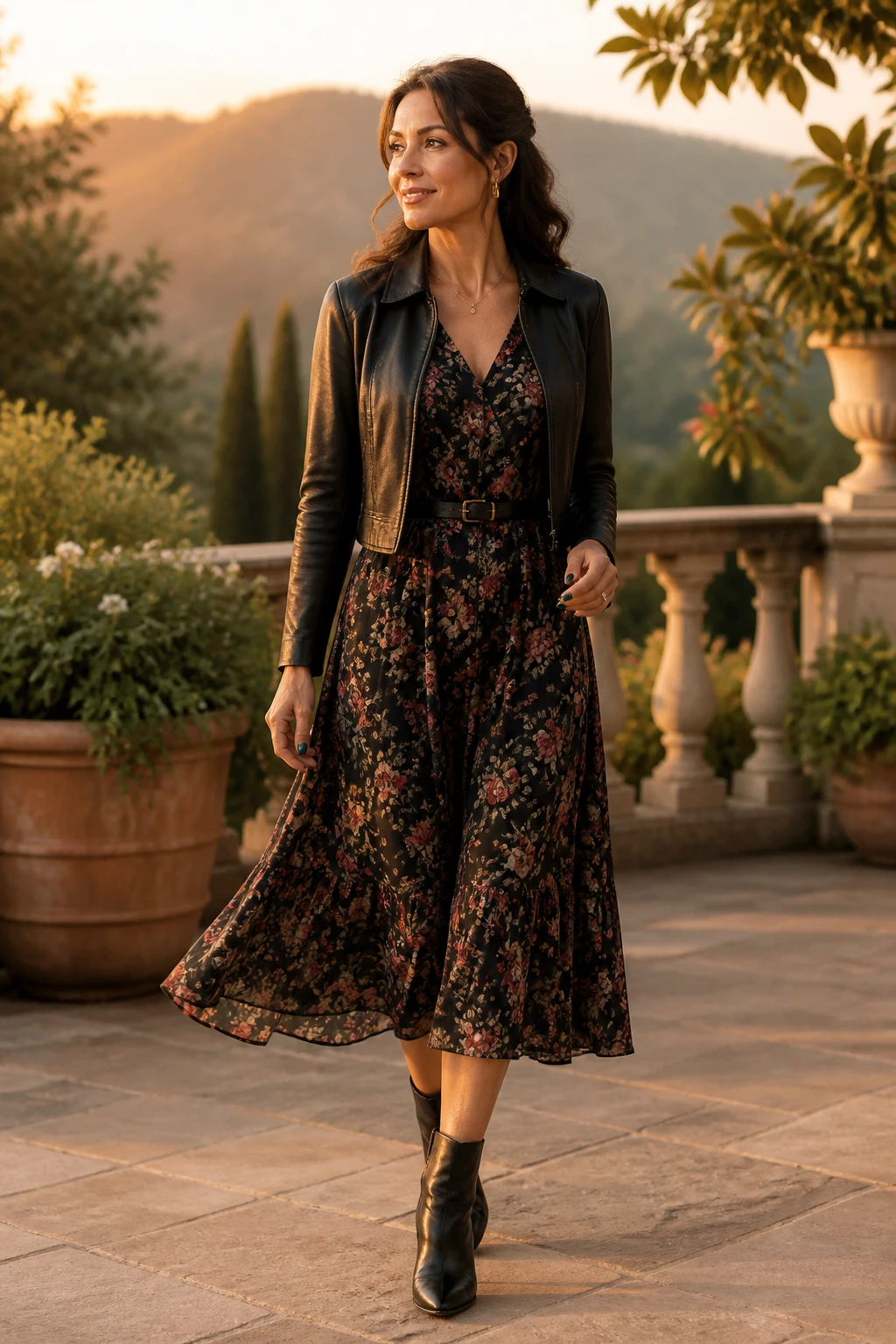 A refined mid-40s woman wears a dark floral midi dress with leather belt and cropped jacket, sleek boots, and deep green nails.