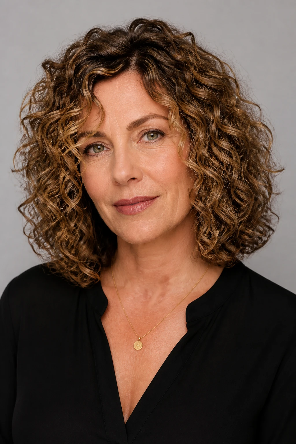 A poised woman in her mid-50s wears shoulder-length curls with cascading layers cut dry for balanced volume.