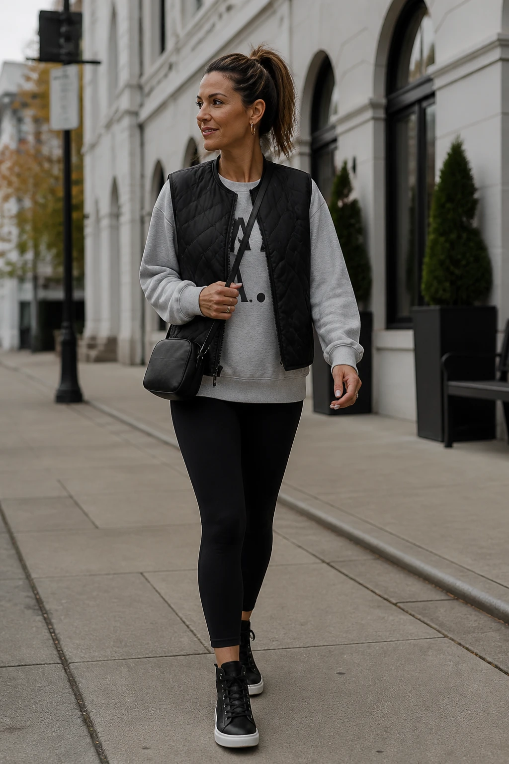 A stylish 44-year-old woman wears a graphic sweatshirt with a matte quilted vest, ankle leggings, and leather high-top sneakers.