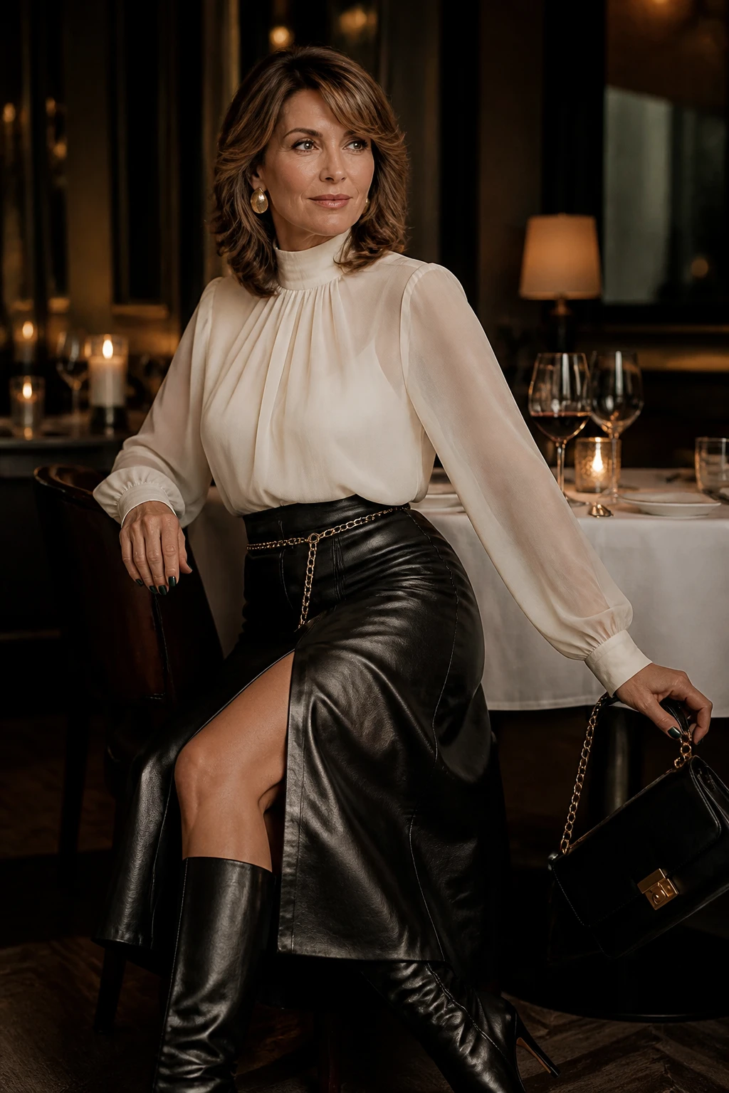 A chic woman in her mid-50s pairs a black leather midi skirt with an ivory high-neck chiffon blouse, tall boots, and matte gold earrings.