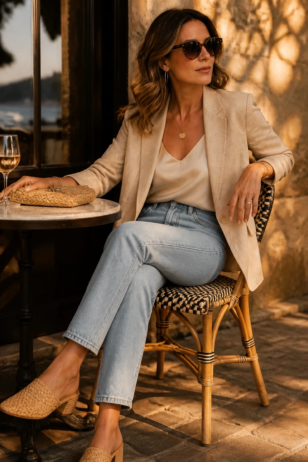 A stylish mid-40s woman wears light-wash straight jeans with a sand linen blazer, silk tank, low heels, and a raffia clutch for warm weather.