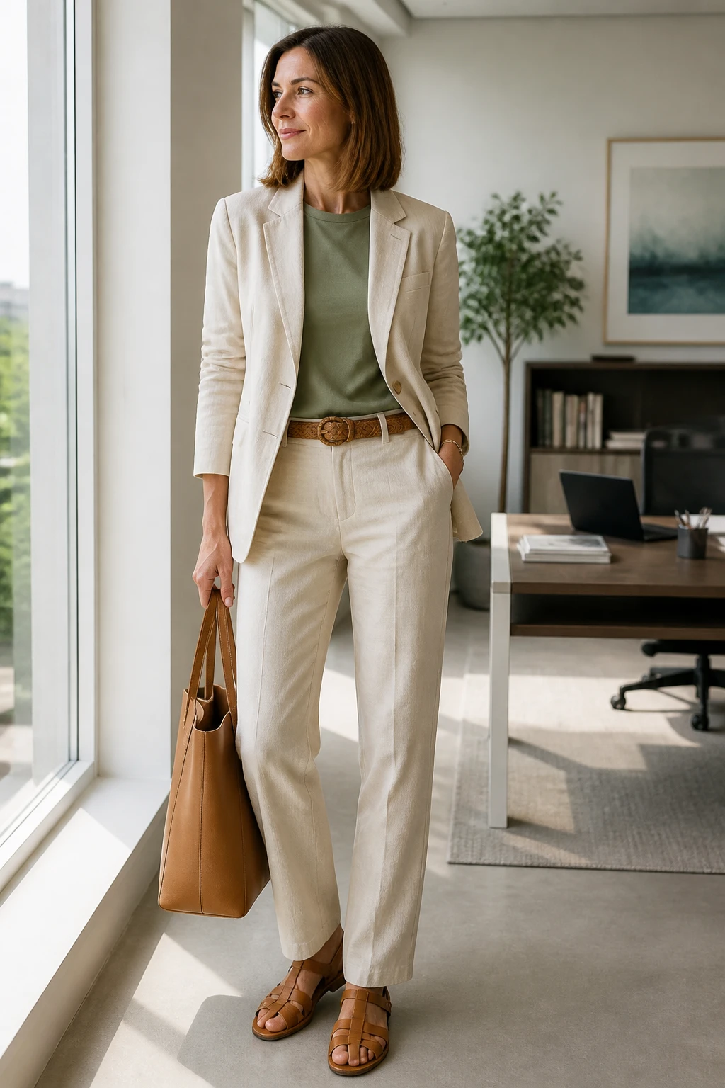 A stylish 45-year-old woman wears sand linen-blend blazer and trousers with a sage tee, tan closed-toe sandals, and a woven belt.