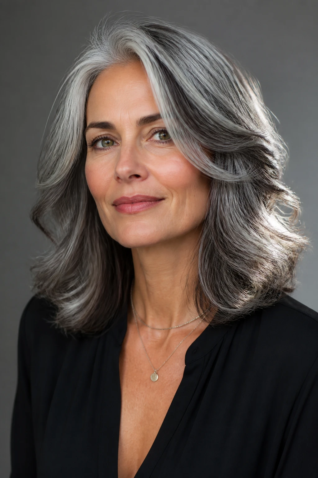 A stylish 47-year-old wears luminous salt-and-pepper hair with subtle face-framing slices.