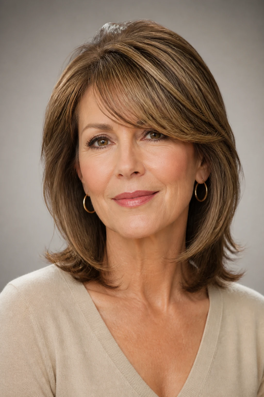 A poised 54-year-old wears a medium cut with side-swept bangs and crown volume from graduated layers.