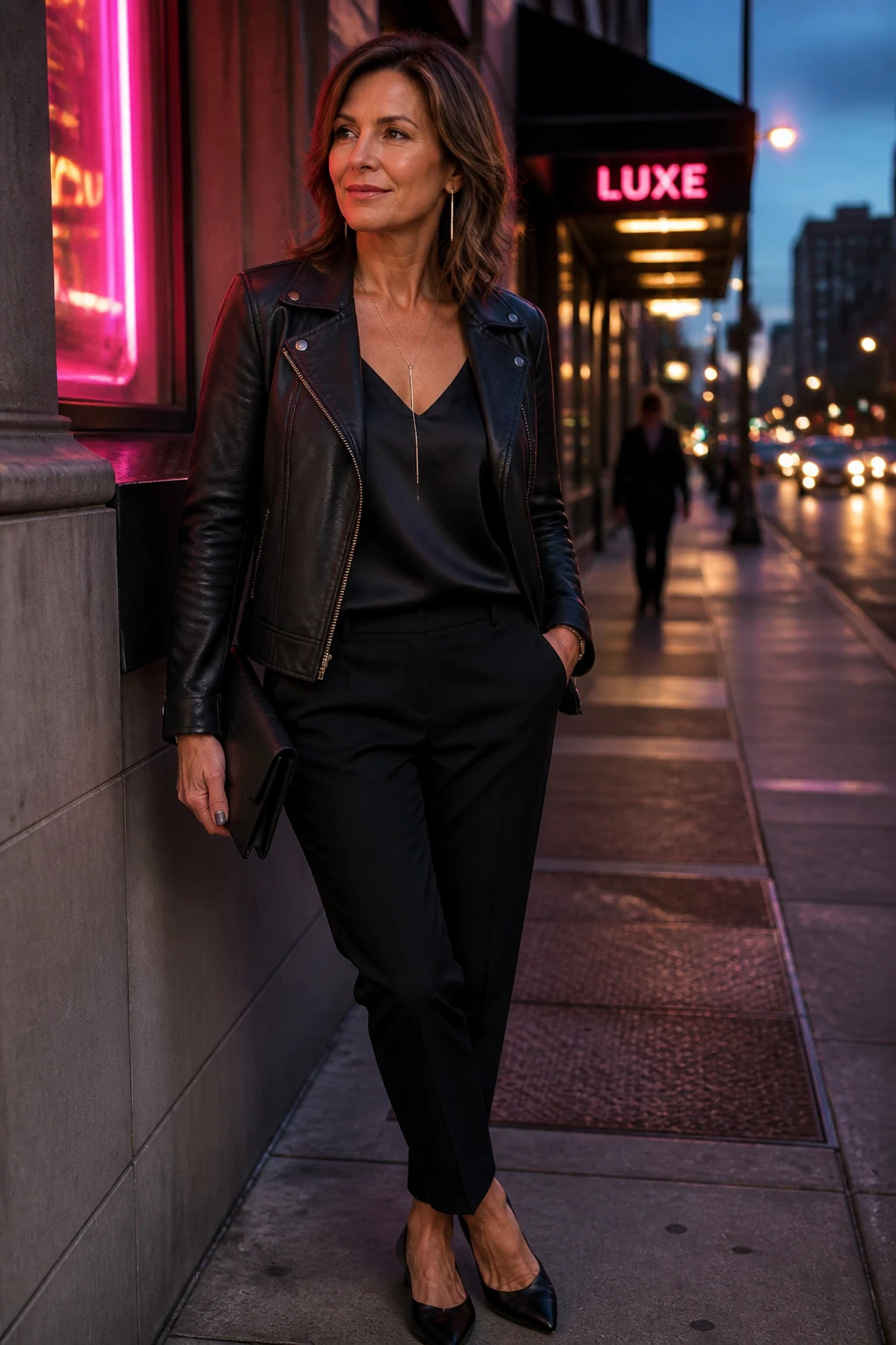 Sleek mid-50s woman in a matte black leather moto, tapered trousers, and pointed flats at twilight in the city.