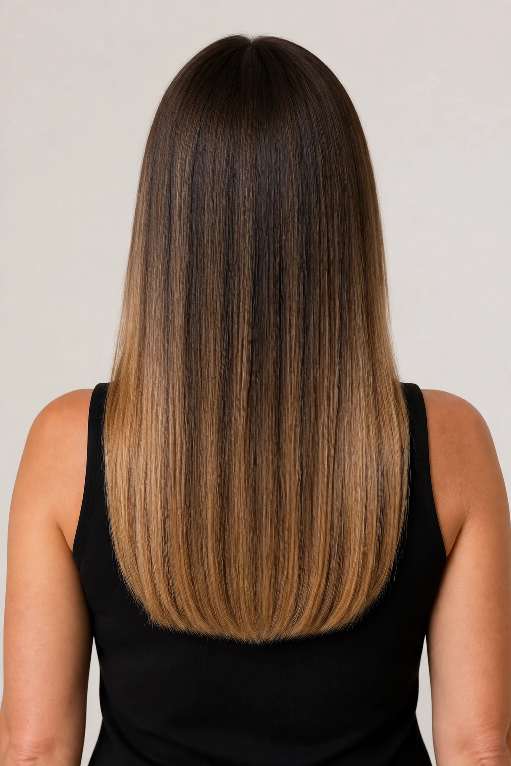 A polished woman in her early-to-mid 50s has a one-length mid-back cut with sleek ends and subtle lower balayage.