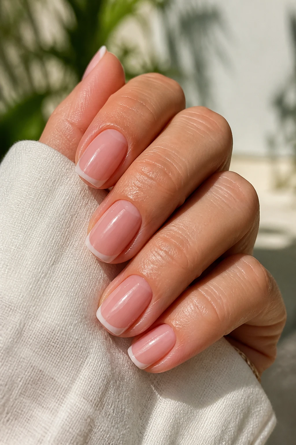 Petal-tinted French with slim tips on soft square nails for a refined woman in her mid-50s.