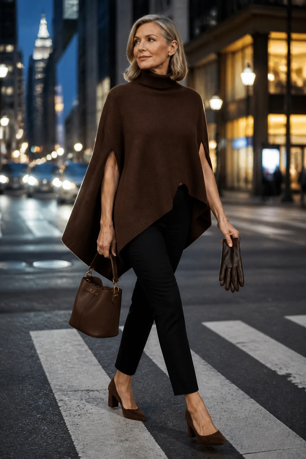 An elegant woman in her late 50s wears a cocoa poncho over slim black pants with block-heel pumps and a structured bucket bag.