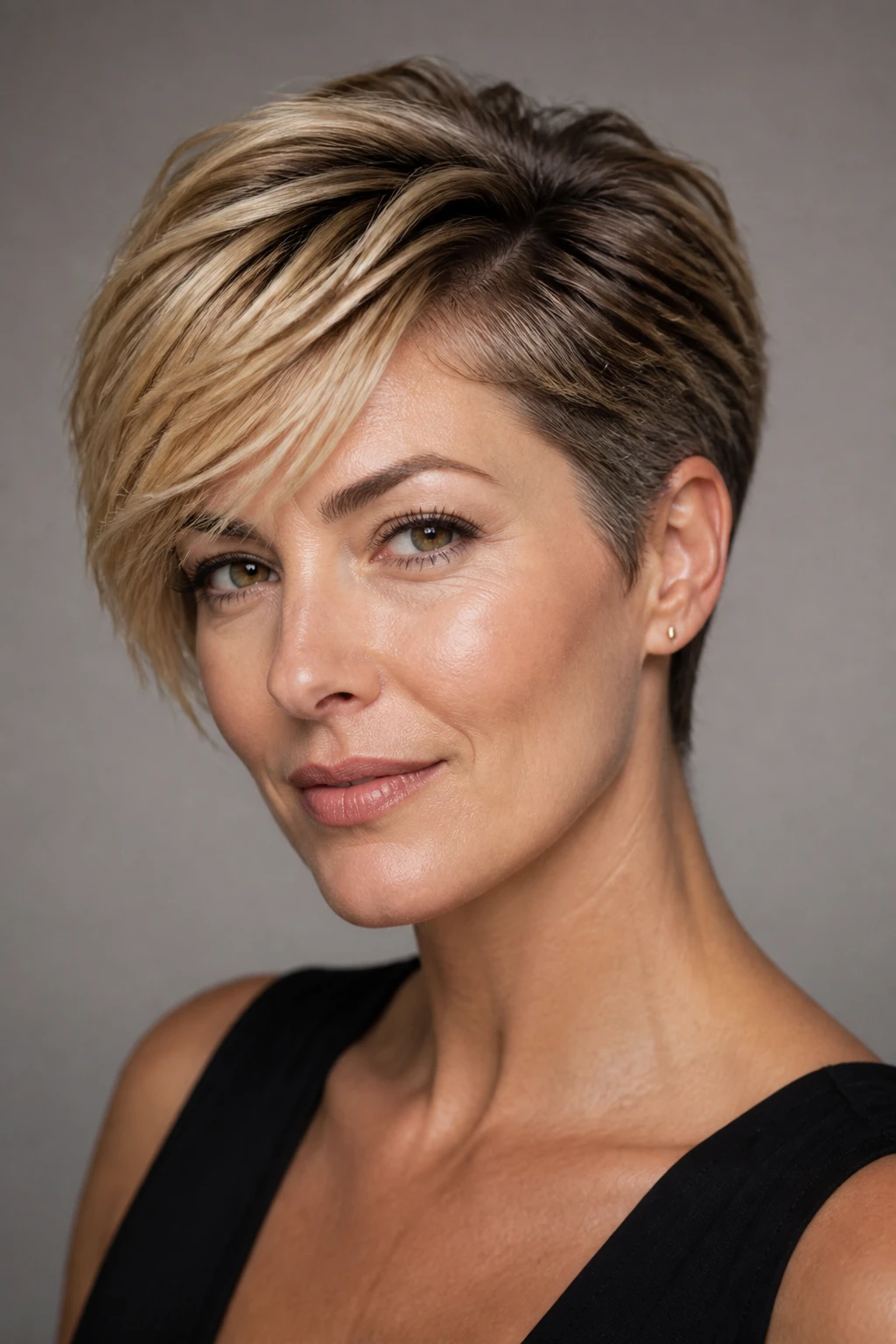 A 44-year-old woman with a side-parted bixie featuring feathered layers and a brow-grazing fringe.
