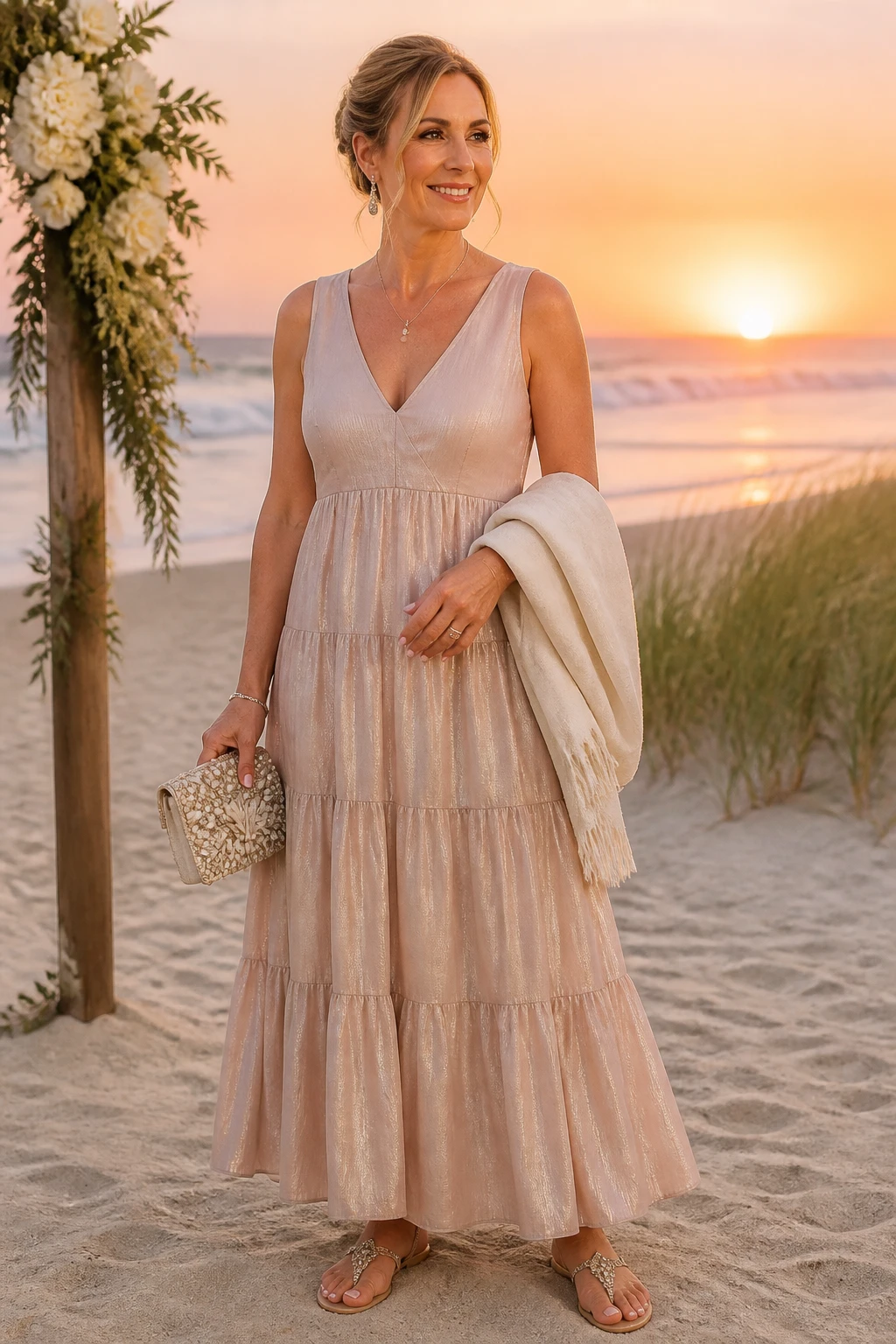 A radiant woman in her mid-50s wears a tiered silk-cotton maxi with a modest V-neck, embellished flat sandals, and carries a cropped linen jacket at a beach wedding at sunset.