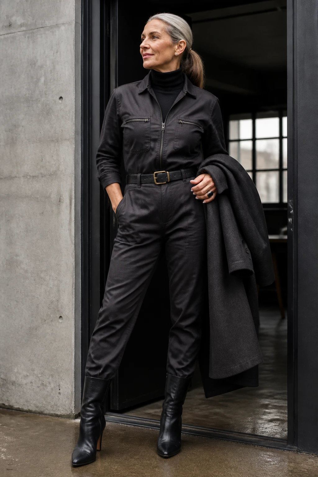 A confident late-50s woman wears a charcoal utility jumpsuit over a black turtleneck with a leather belt and sleek mid-calf boots, hair in a polished pony.