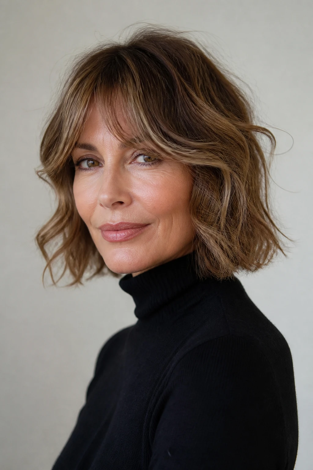 A wavy midi with bottleneck bangs that fan to the cheekbones on a woman in her mid-40s.