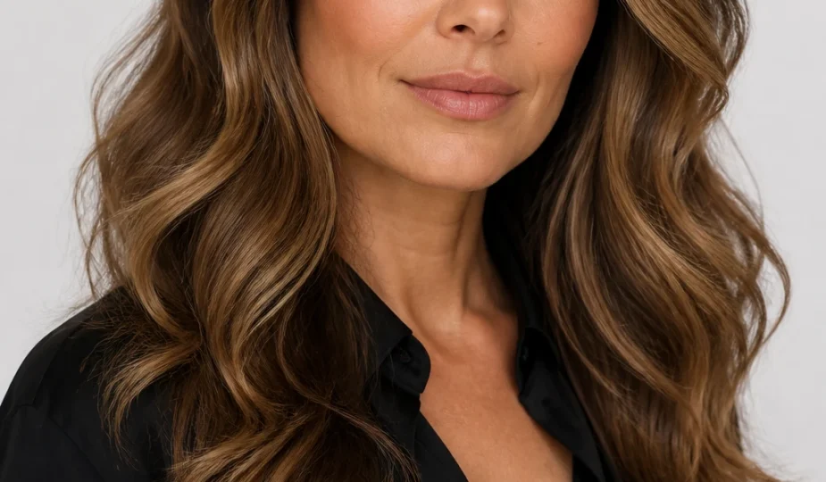 Long hair with balayage ribbons and a root smudge styled in reflective waves on a woman in her mid-40s.