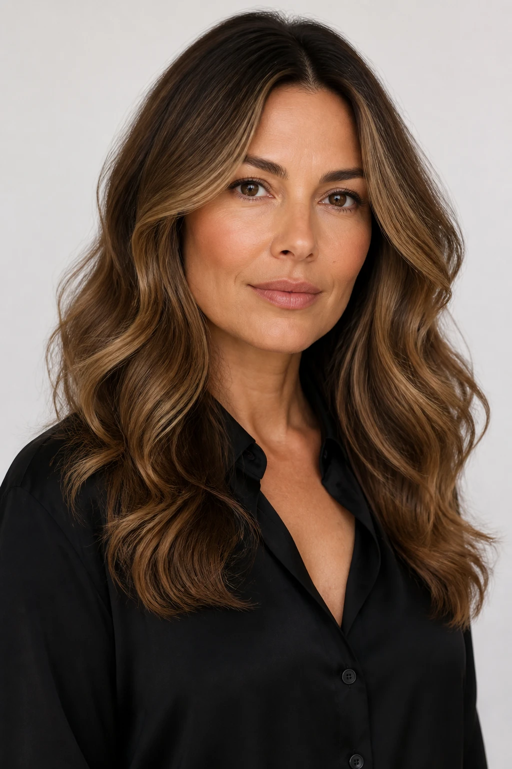 Long hair with balayage ribbons and a root smudge styled in reflective waves on a woman in her mid-40s.