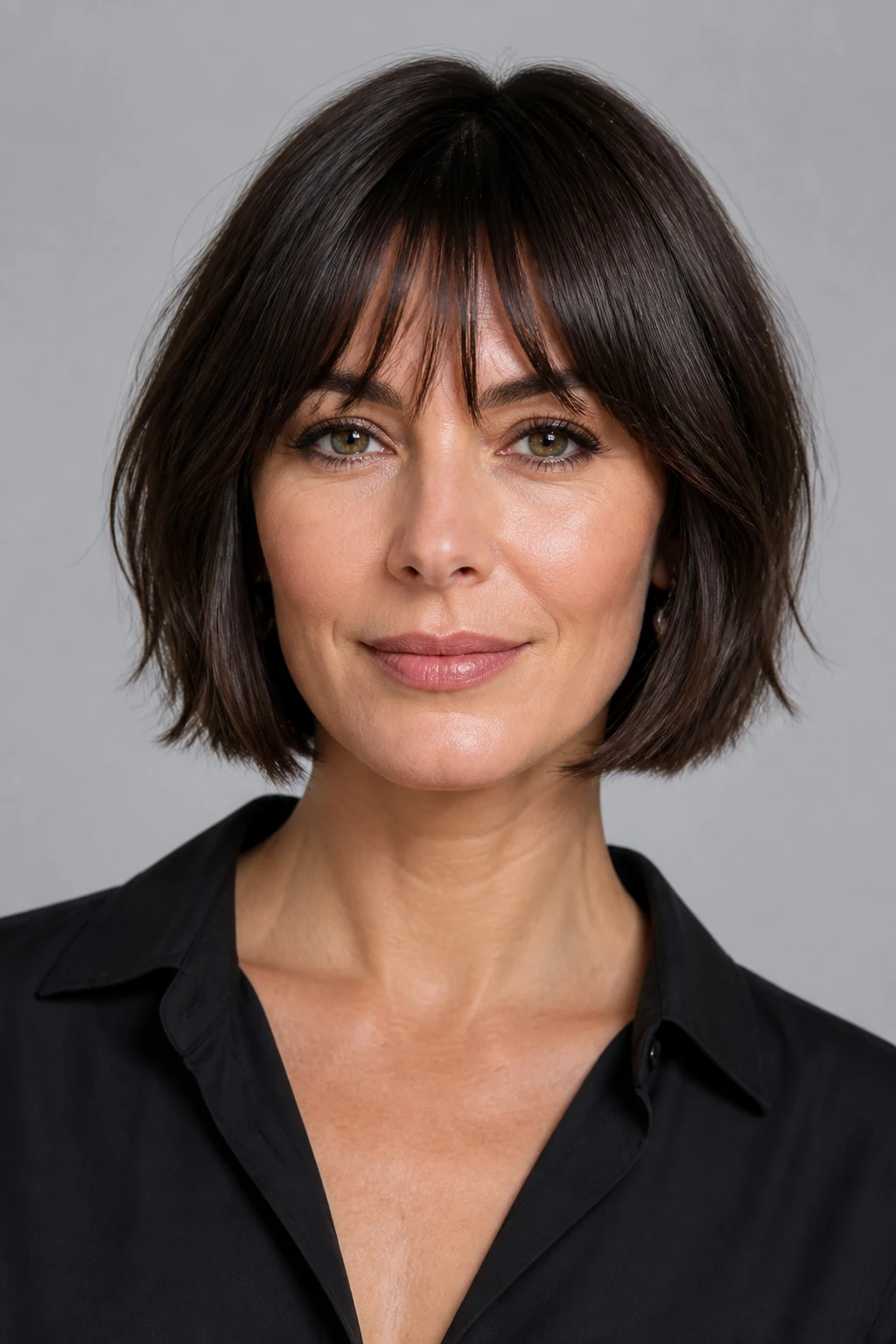 A chic early-40s woman wears a chin-length bob with piecey bangs and a cool-gloss finish.