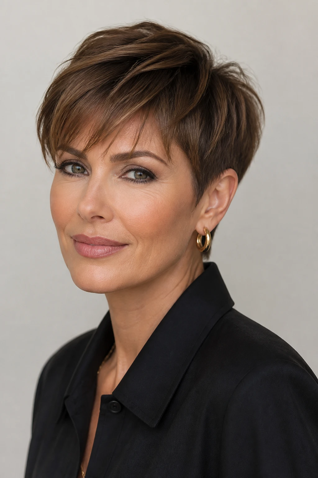A 47-year-old woman wears a cropped cut with a tapered nape and soft, piecey fringe.
