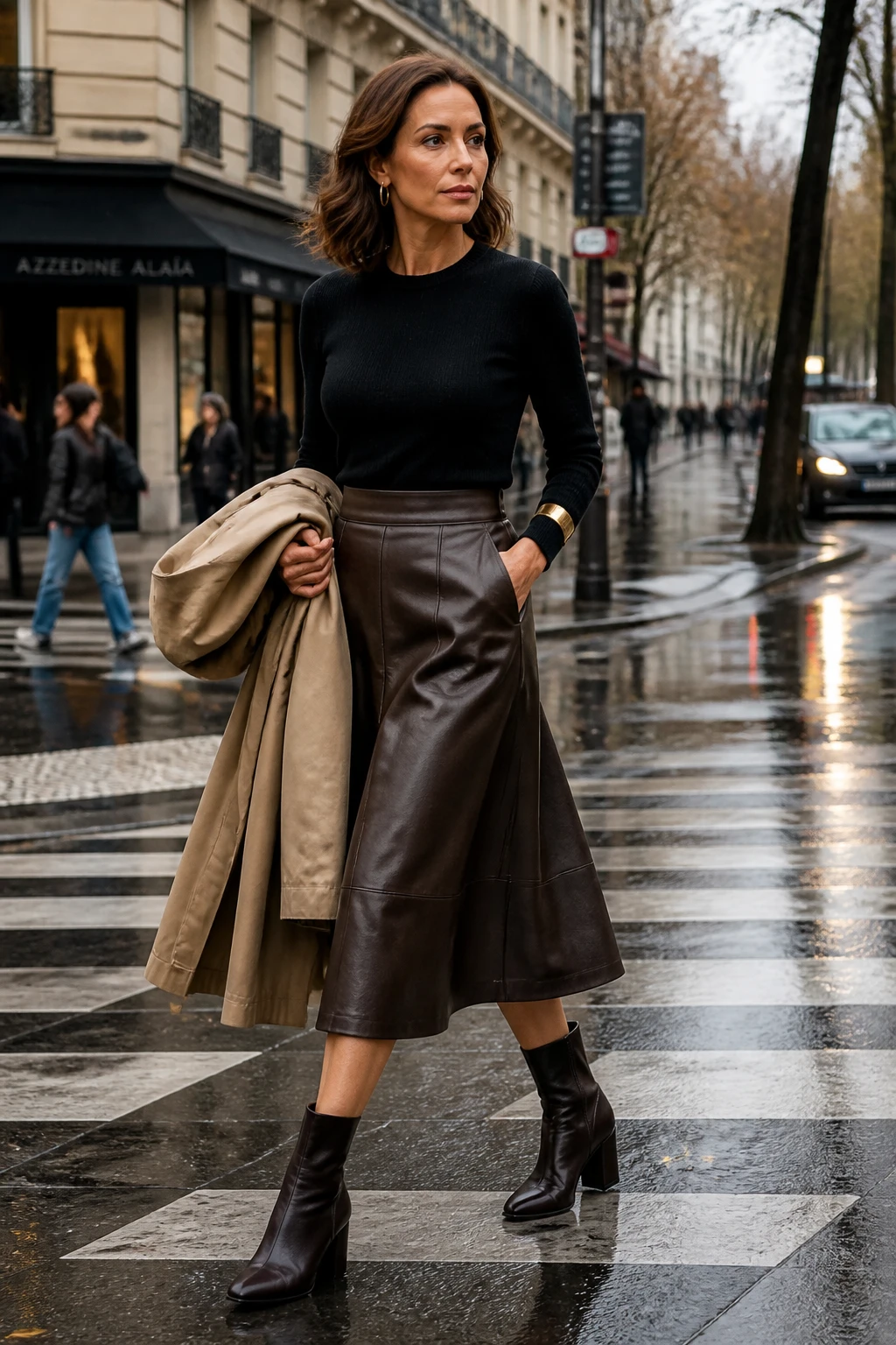 An elegant mid-40s woman pairs a chocolate faux-leather midi skirt with a fitted black crewneck and block-heel ankle boots.