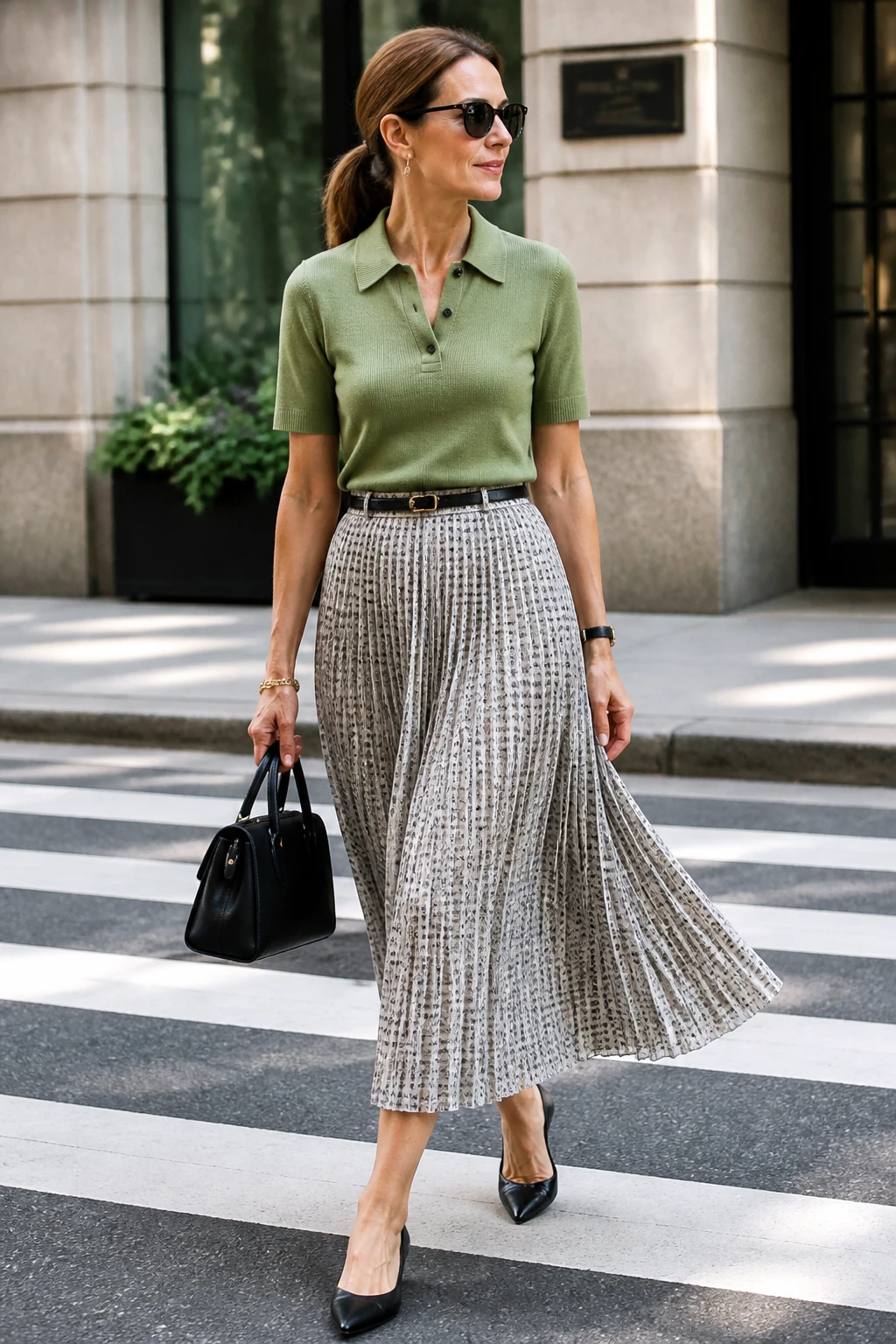 A chic late-40s woman wears a sage knit polo with a knife-pleated midi skirt, sleek belt, pointed flats, and a structured mini tote for a balanced silhouette.