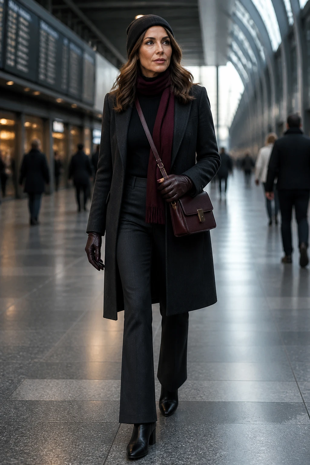 An elegant late-40s woman wears a black merino turtleneck, charcoal ponte kick flares, ankle boots, and a wool overcoat with oxblood accents for winter travel.