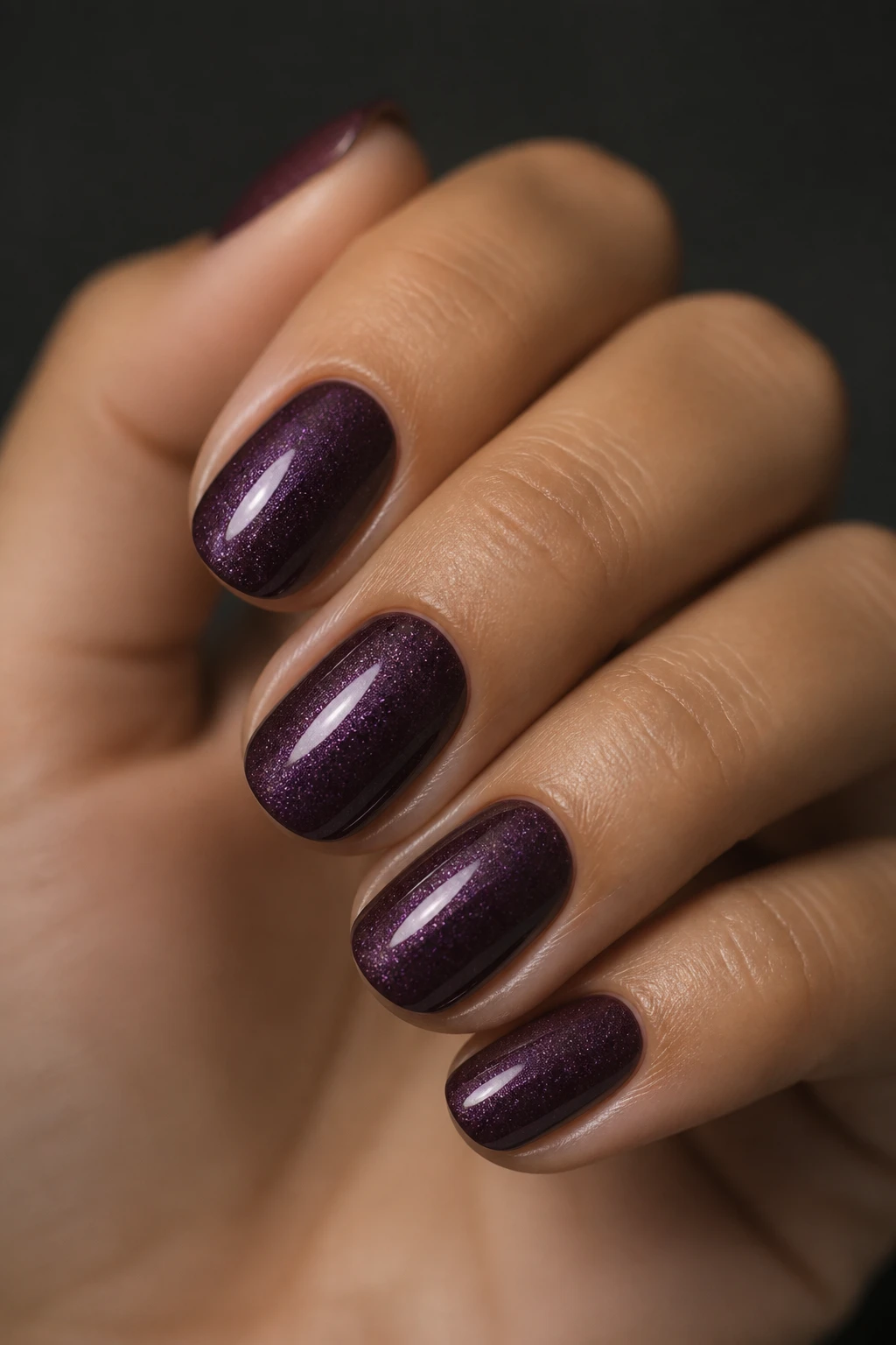 Short oval jewel-tone manicure with refined micro shimmer for evening.