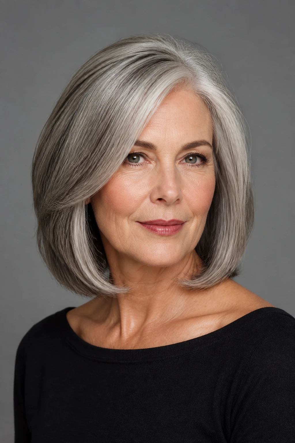 A confident 57-year-old wears a mid-length bob with intentional gray blending using pearl and smoke lowlights and a glossy finish.