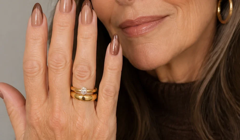 Mocha French on caramel nude base with a glossy finish, elegant on a woman in her 50s.