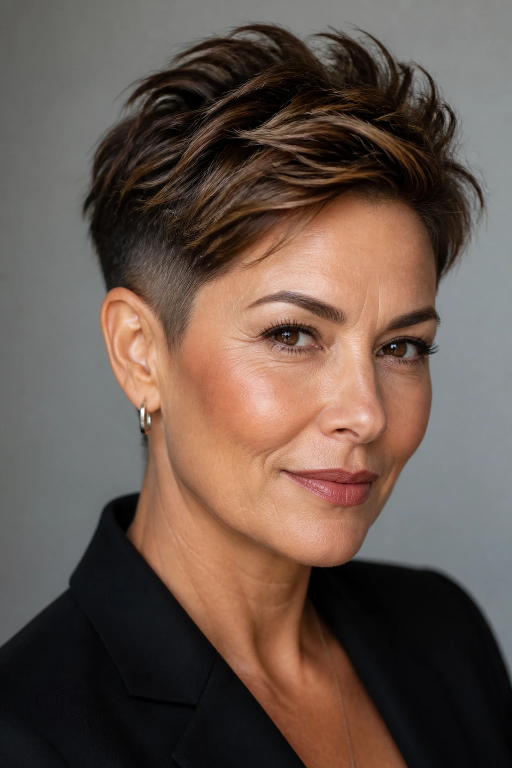 A modern crop with a soft undercut and tousled top on a stylish woman in her late 40s.
