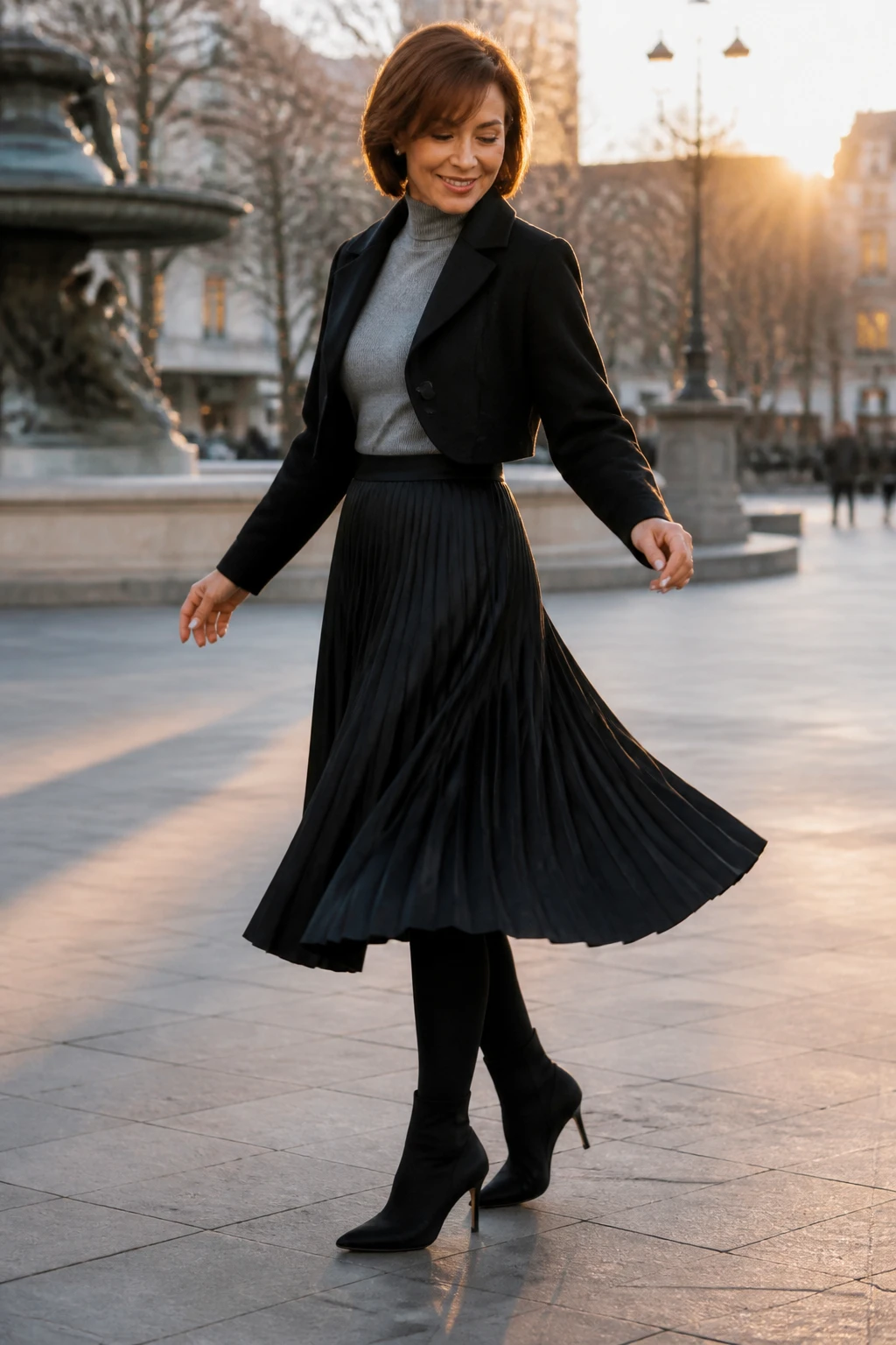 A stylish mid-50s woman wears an ink pleated midi with thermal tights, a gray fitted turtleneck, black sock booties, and a cropped jacket, side-swept bang.