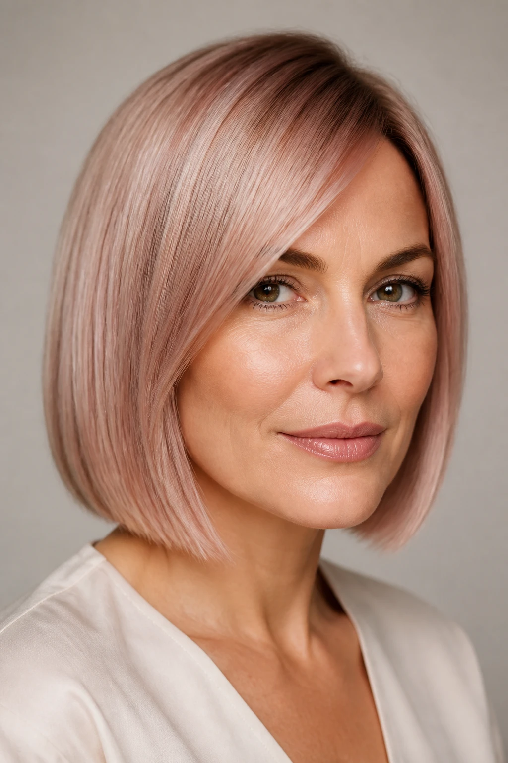 A chic 44-year-old shows a translucent rose-gold sheen over soft blonde with subtle face-framing warmth.