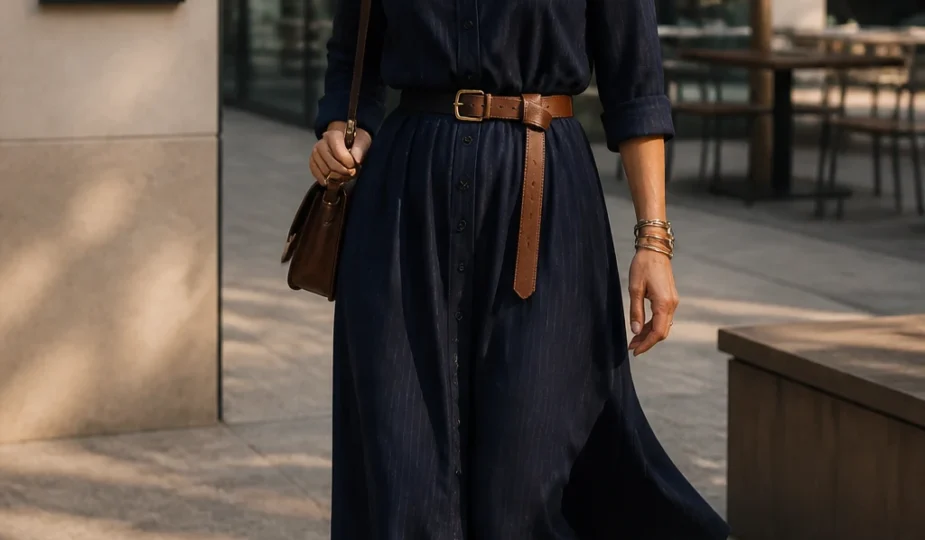 A confident late-30s woman wears a navy shirt dress with a waist-cinching belt, slim ankle boots, and a satchel for a polished look.