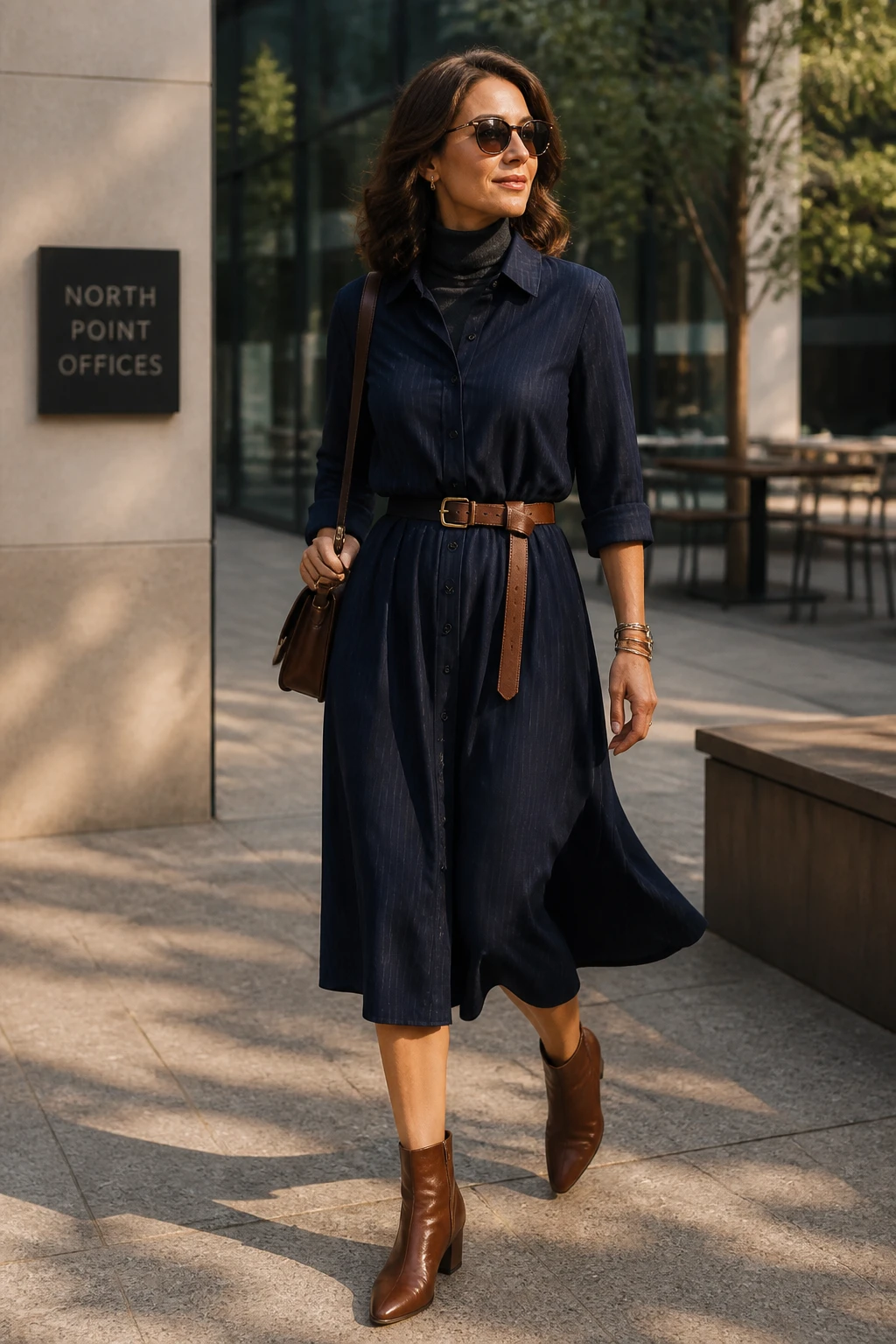 A confident late-30s woman wears a navy shirt dress with a waist-cinching belt, slim ankle boots, and a satchel for a polished look.