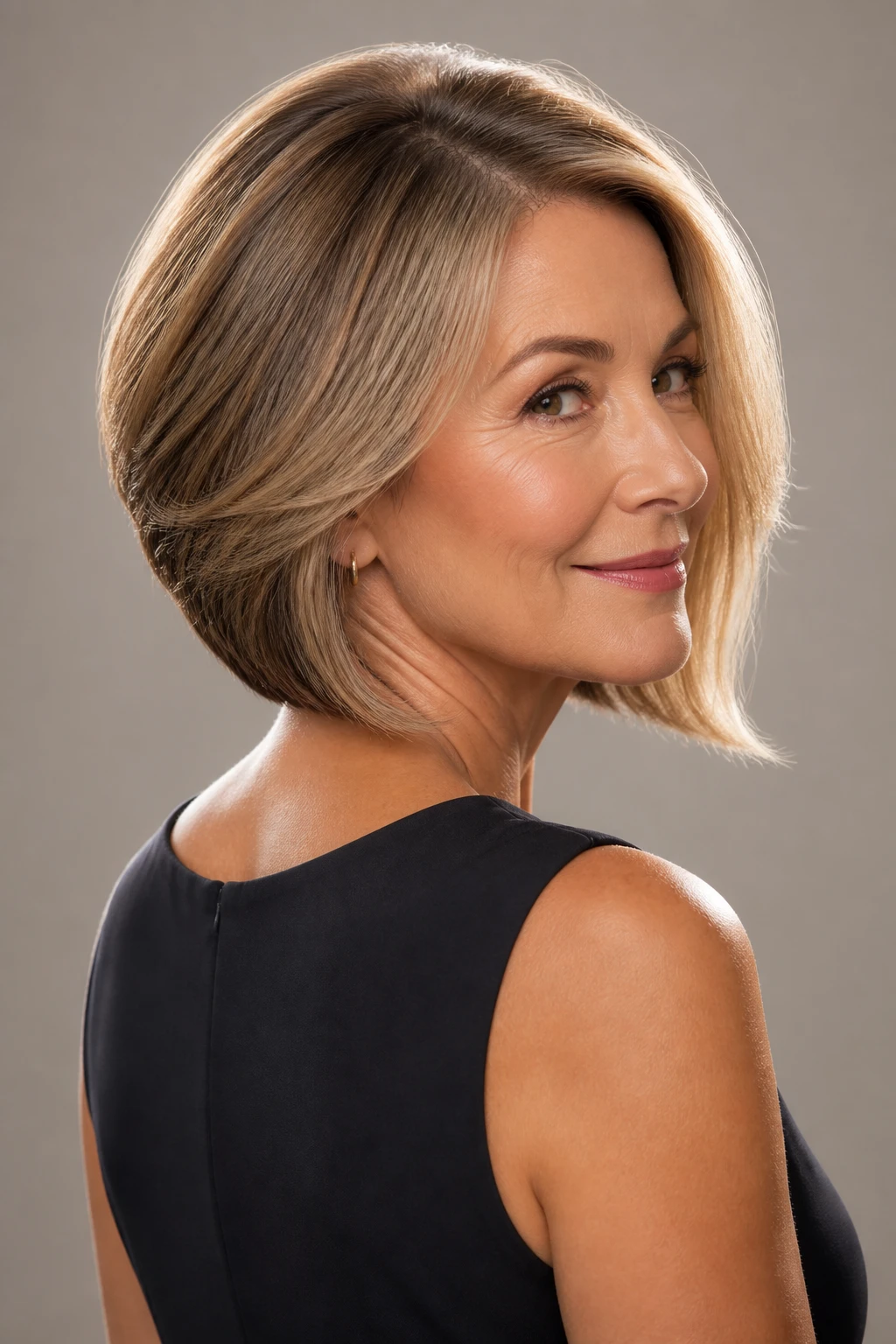 A stylish late-50s woman with a stacked-back shoulder bob that builds gentle volume and lift.