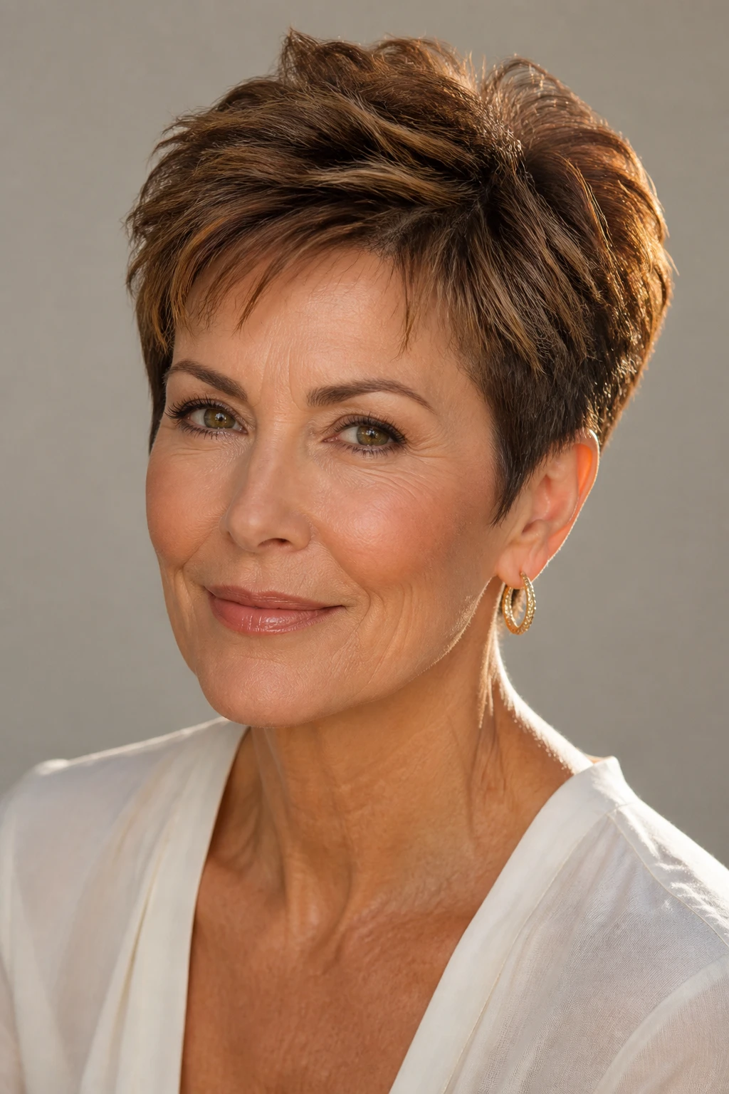 Sunlit bronze brown with micro-babylights adds lift and contour to a refined pixie on a woman in her mid-50s.
