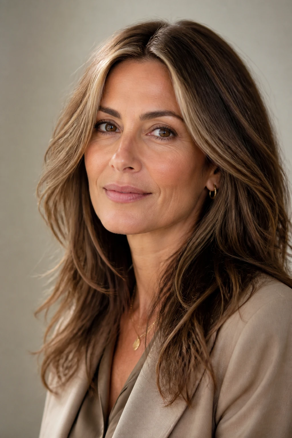 A chic mid-40s woman has mocha hair with sunlit babylights around the hairline and a soft off-center part.