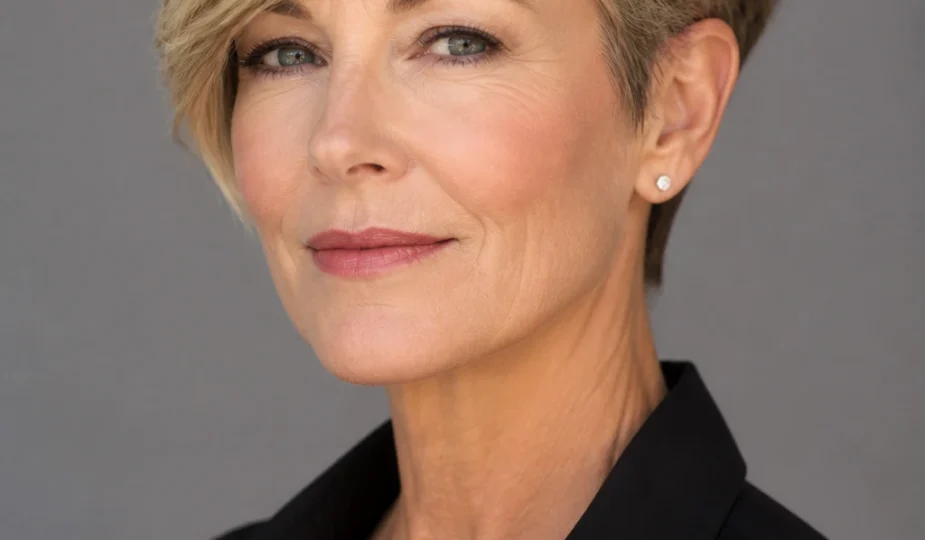 A confident woman in her late 50s wears a textured crop with side-swept bangs and softly dimensional lowlights.
