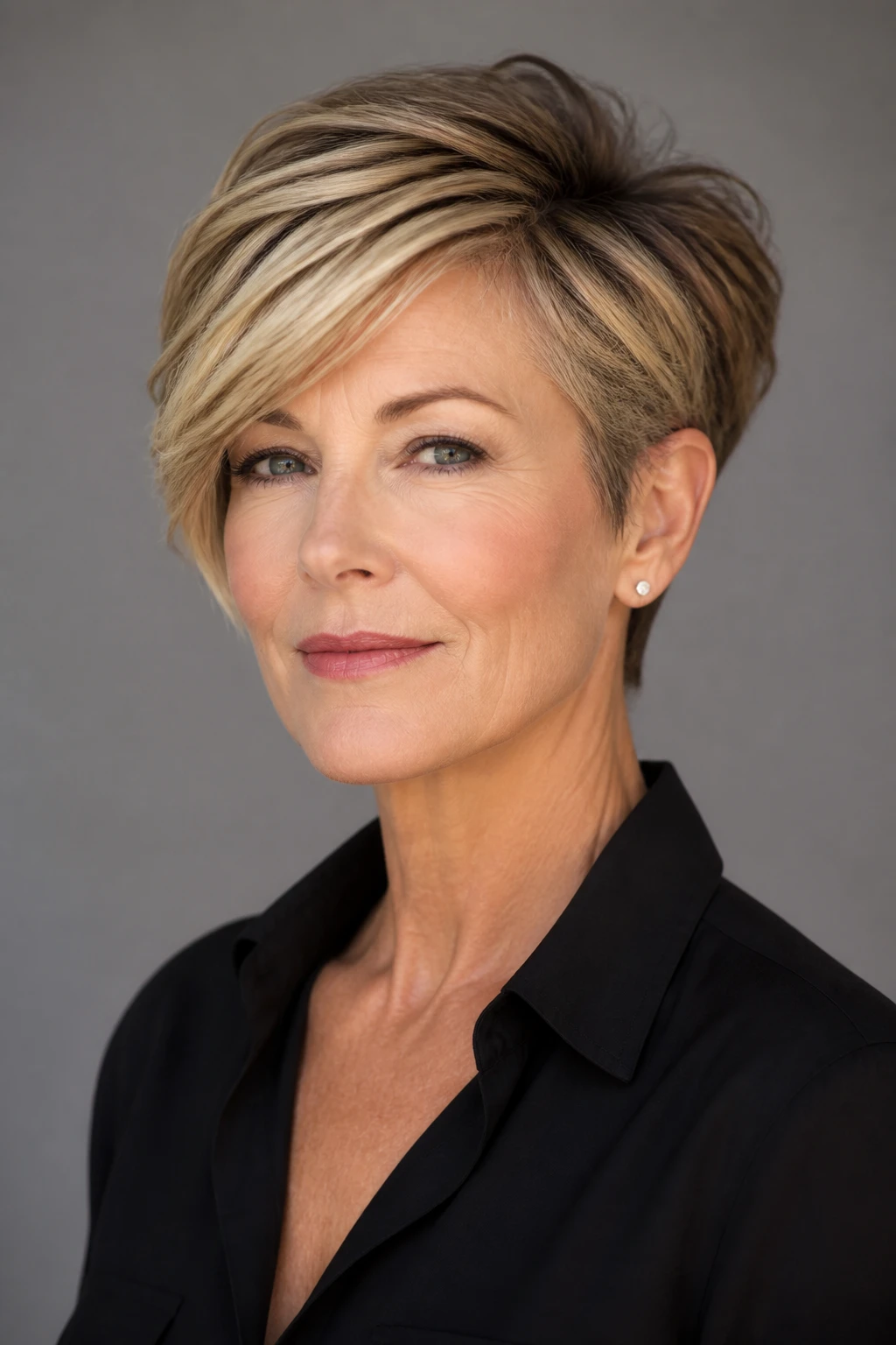 A confident woman in her late 50s wears a textured crop with side-swept bangs and softly dimensional lowlights.