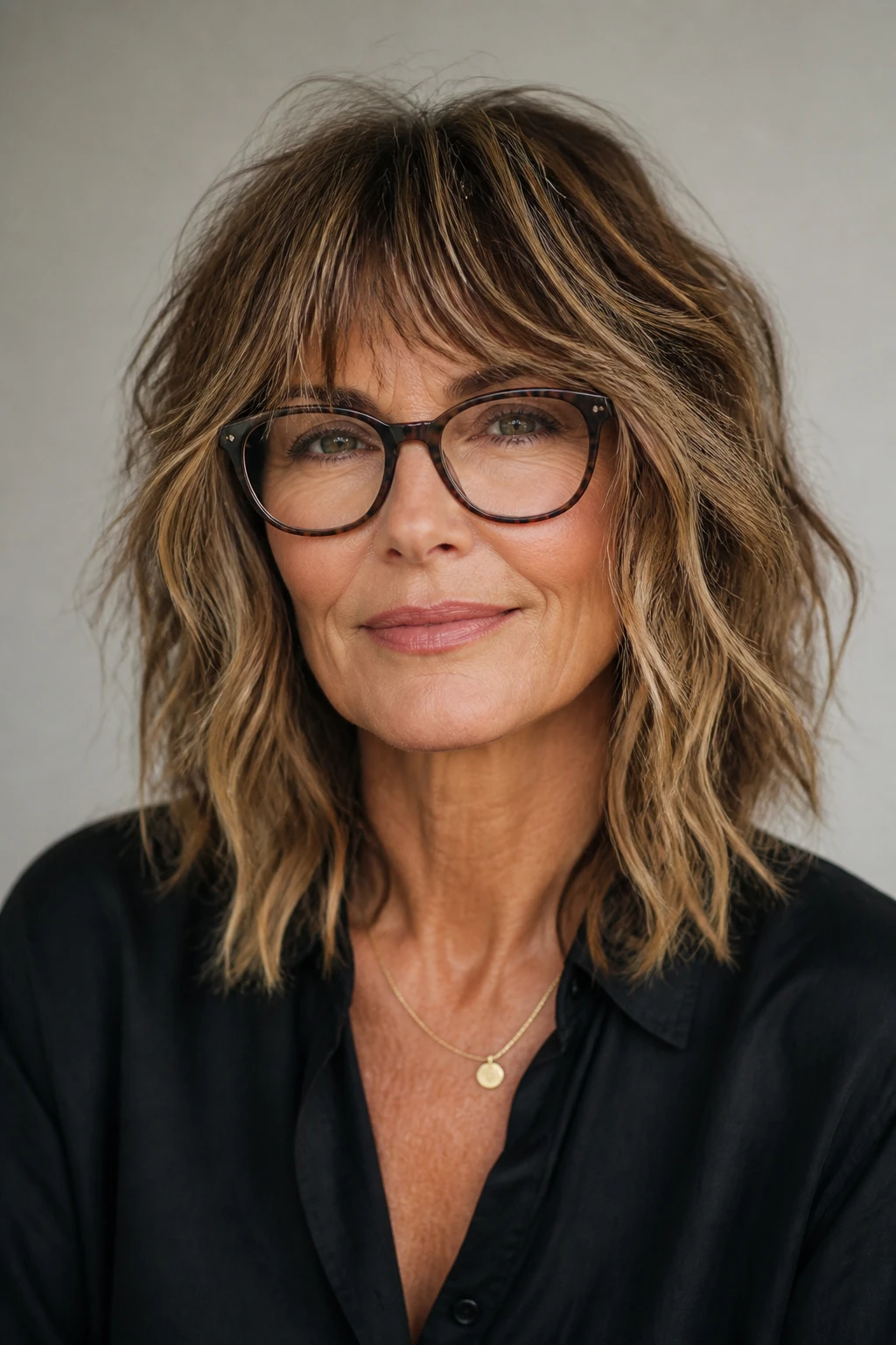 A stylish 52-year-old woman with a wavy shaggy lob and choppy fringe that clears her glasses, textured with multi-tonal highlights.