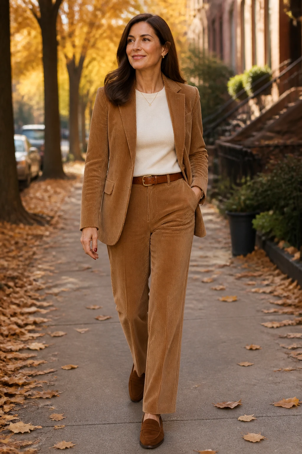 A stylish 46-year-old wears a tonal corduroy blazer and straight cords with an ivory knit tee and suede loafers in autumn light.