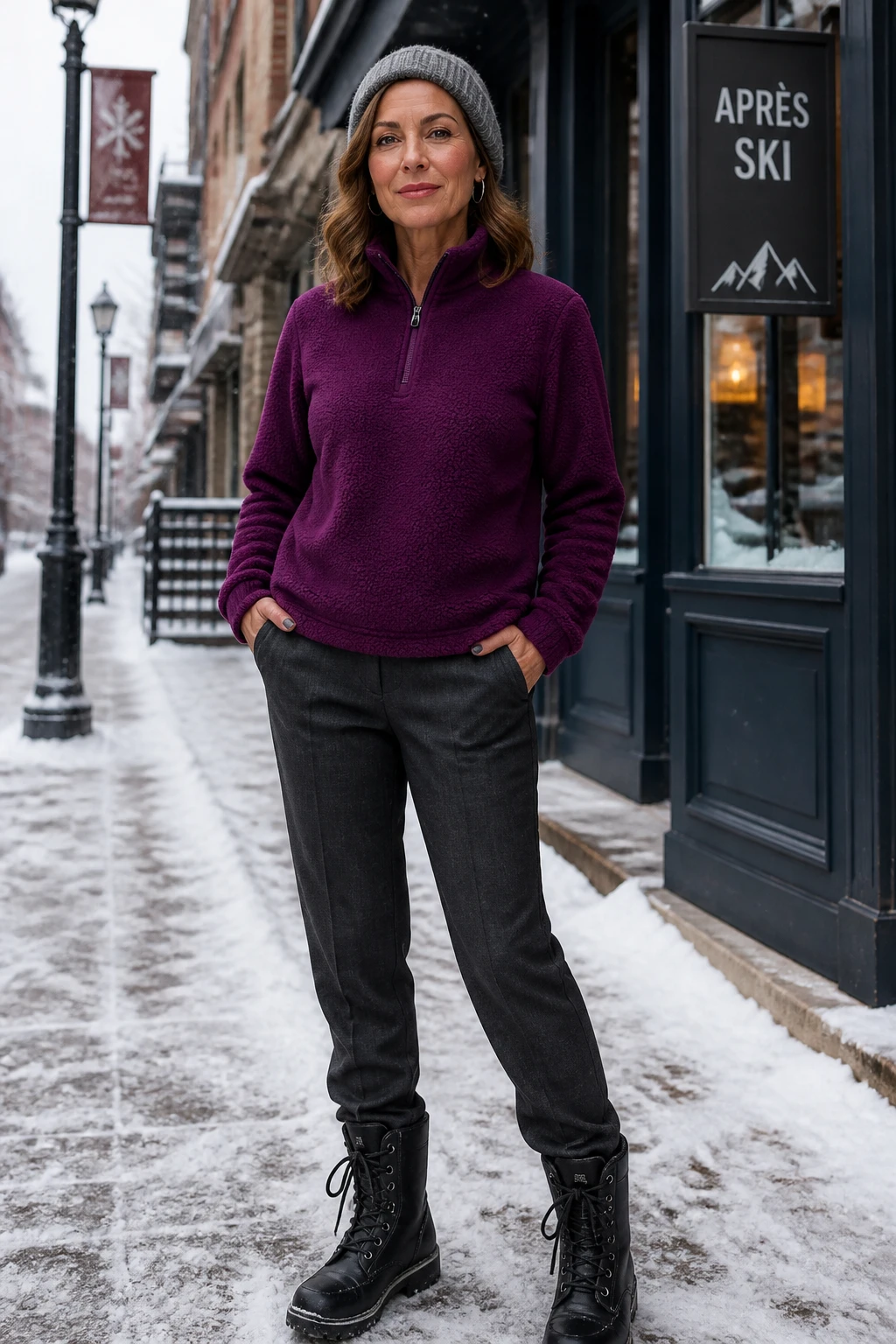 An elegant woman in her late 50s pairs a plush fleece half-zip with charcoal tailored trousers and sleek snow boots, beanie pushed back slightly.