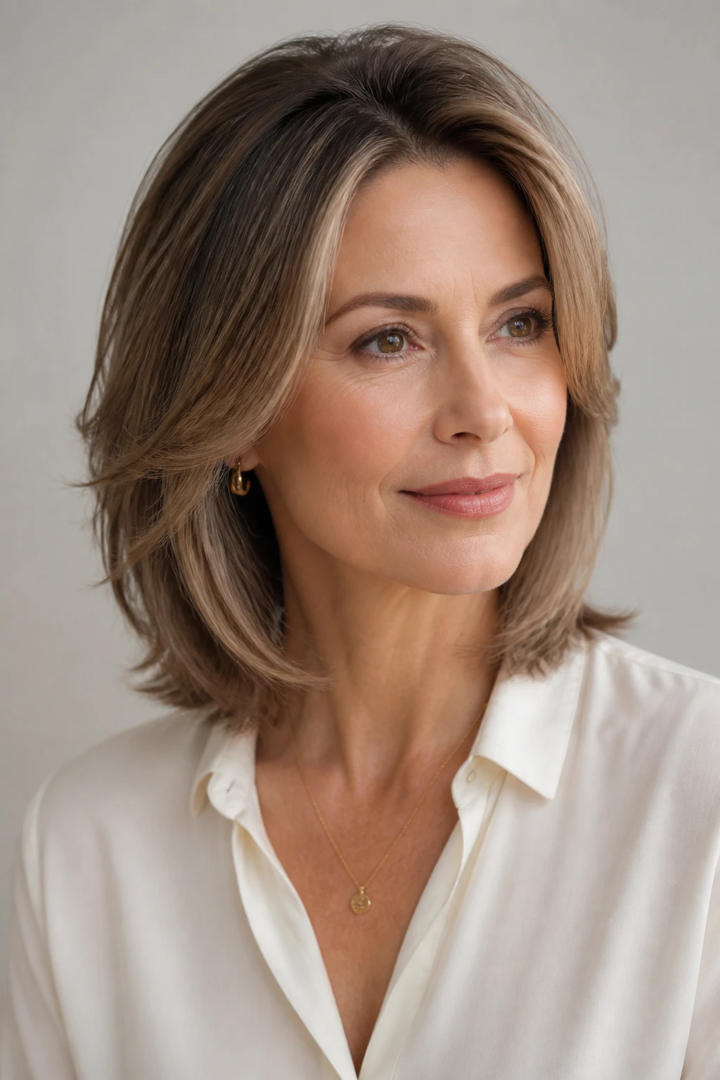 A refined mid-50s woman wears a shoulder-skimming layered cut for fine hair with an airy crown and subtle root shadow.