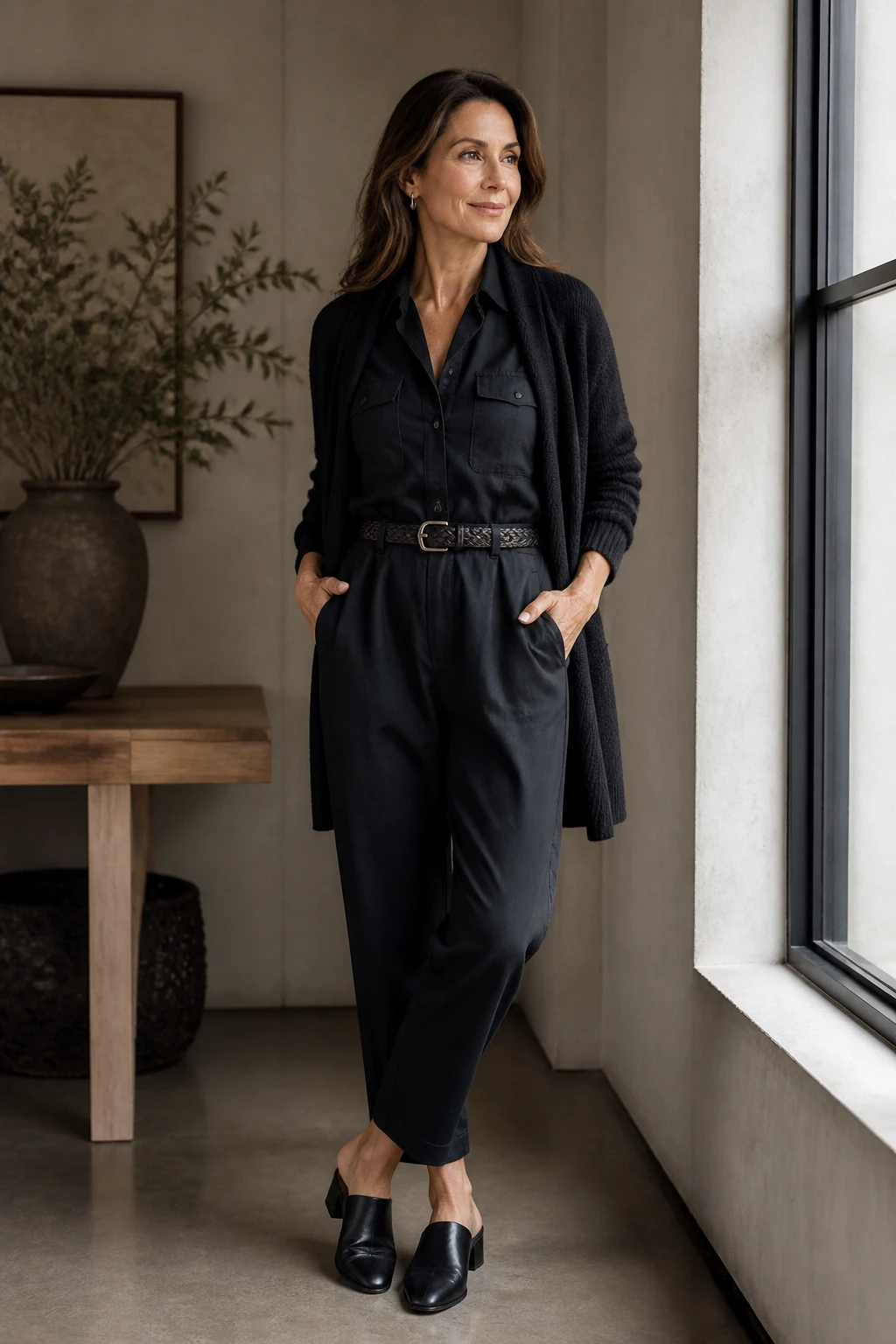 A polished woman in her mid-50s wears a midnight utility jumpsuit with a waist-length cardigan and closed-toe mules.