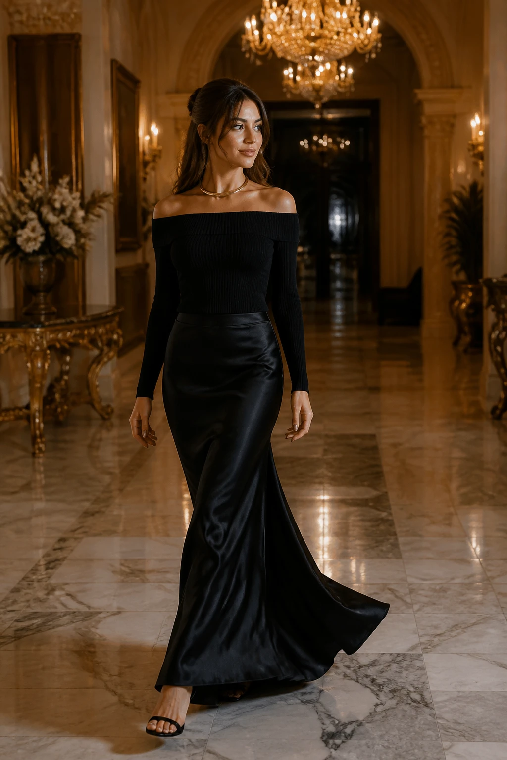 A confident early-30s woman wears a black silk maxi skirt with a fitted off-shoulder knit, slim heels, and a collar necklace in a grand hallway.