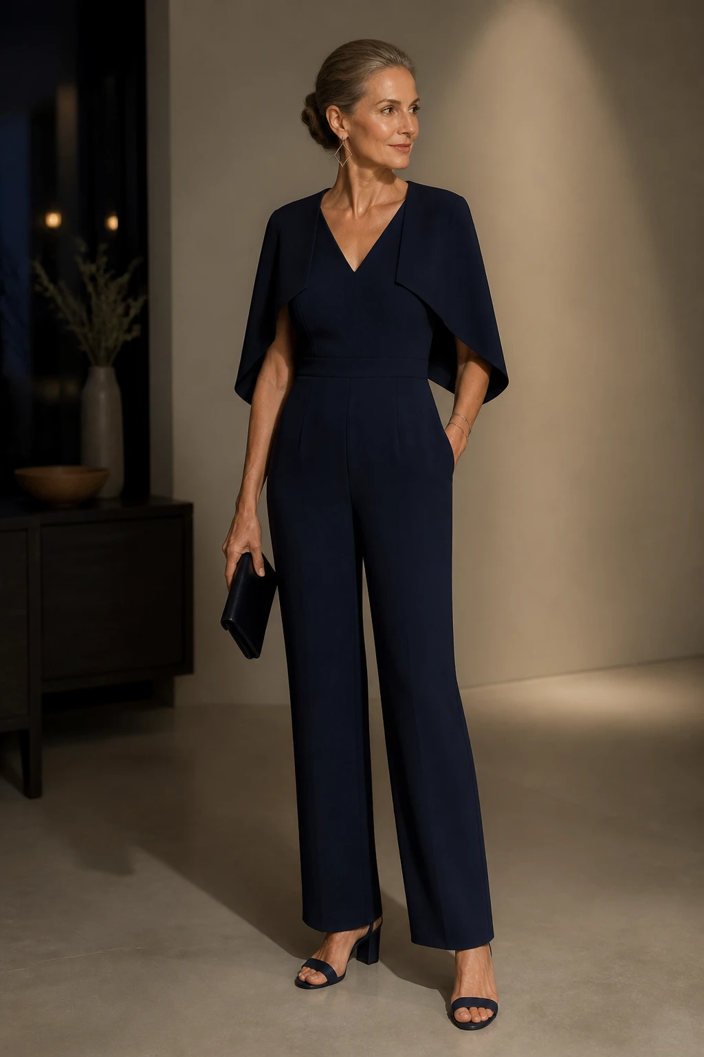 Elegant mid-50s woman in a navy tailored jumpsuit with a structured capelet and block heels in a minimalist setting.