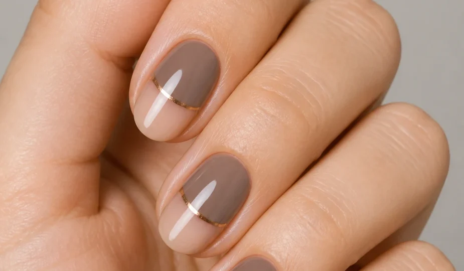 Short almond nails with a glossy negative-space crescent at the cuticle outlined in metallic.