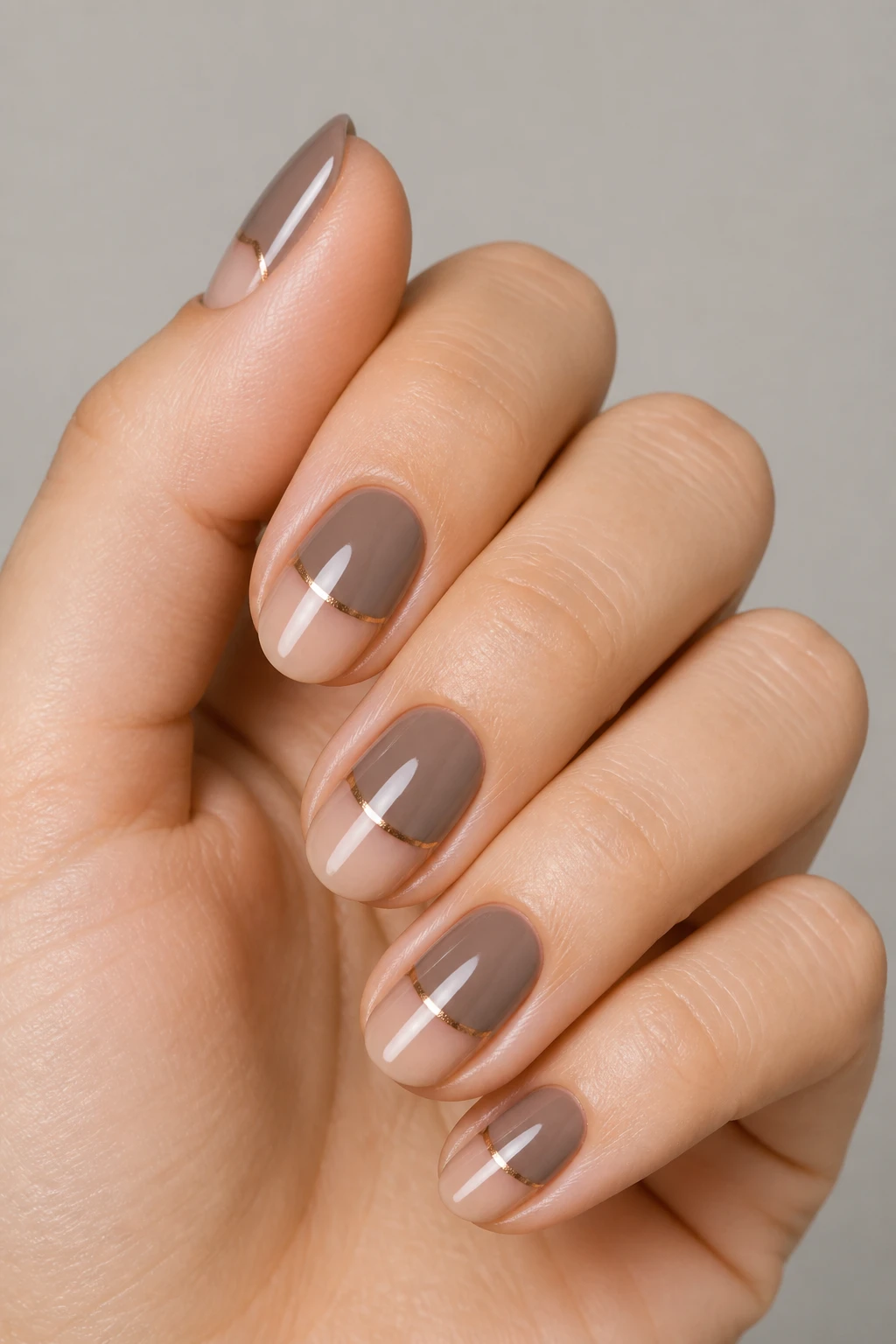 Short almond nails with a glossy negative-space crescent at the cuticle outlined in metallic.