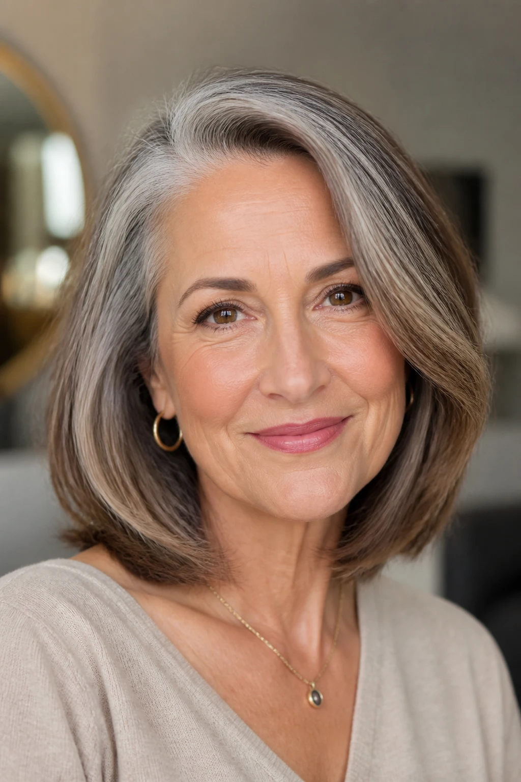 A pecan melt blends gray with warm lowlights and a translucent glaze on a chic woman in her late 50s.