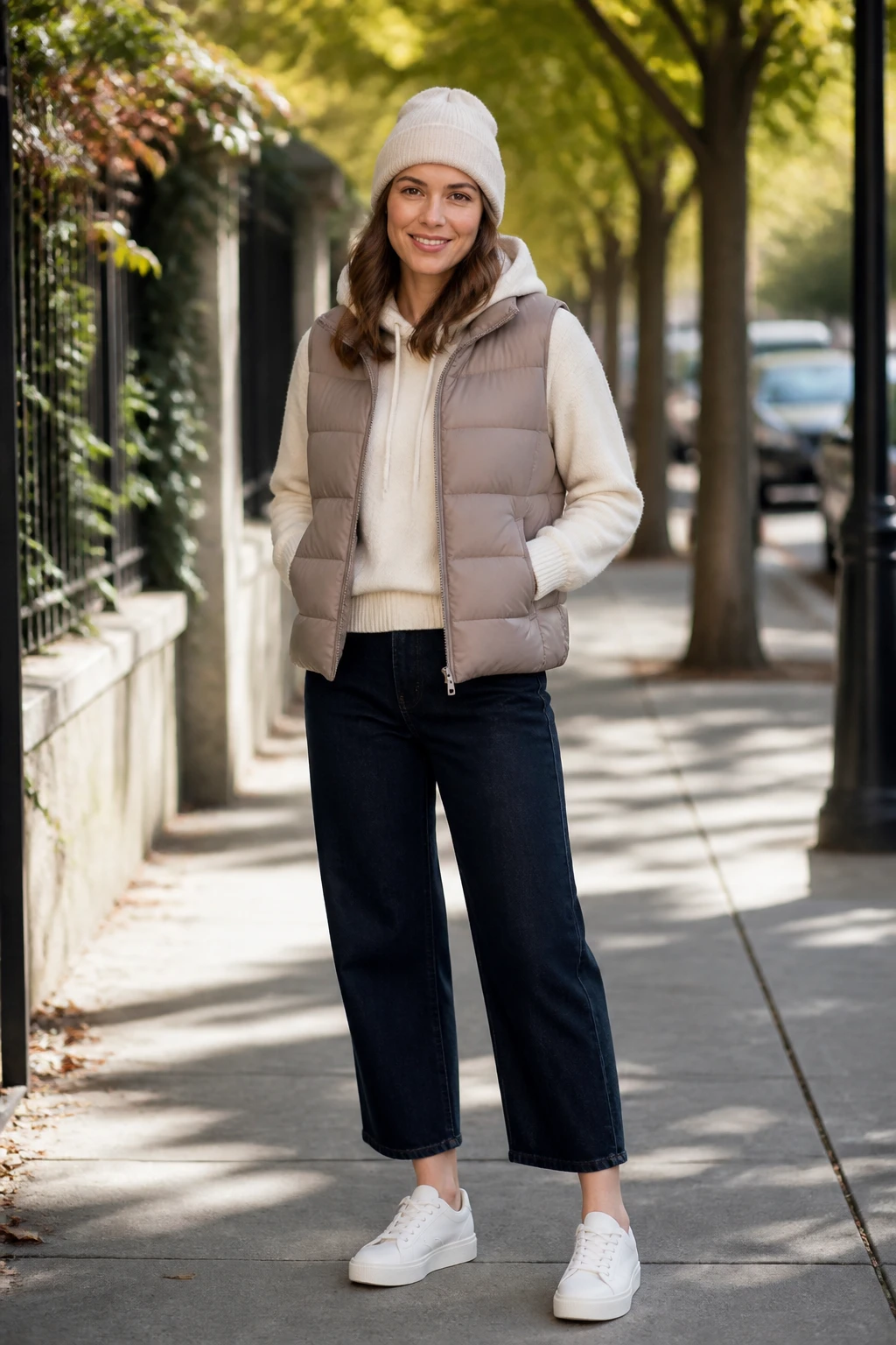 A stylish woman in her mid-30s wears a taupe puffer vest over a cream hoodie with cropped barrel jeans and sleek trainers.